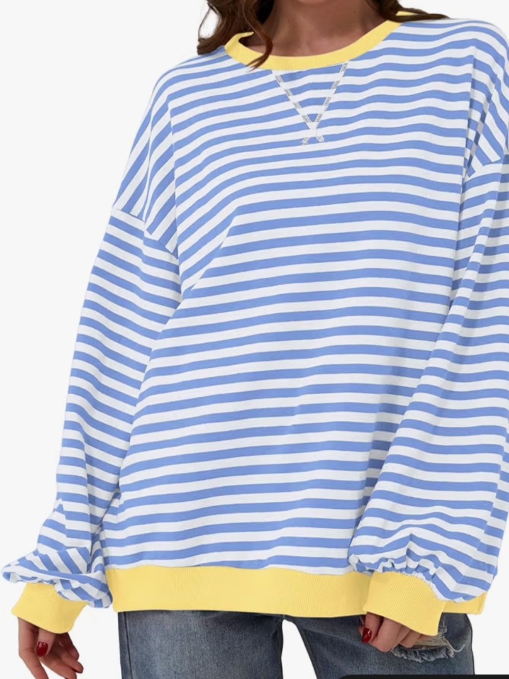 Blue & White Striped Crewneck Sweatshirt with Yellow Trim